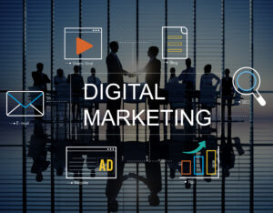 A graphic of different types of Digital Marketing channels, with a Silhouette of people in a corporate board meeting room.